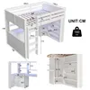 A diagram showing the dimensions of a white bunk bed with integrated desk and storage. Anteprima dell’immagine prodotto