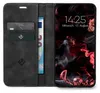 A black flip phone case with card slots and a phone displaying the time and date. Produktbild-Vorschau