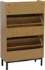 A shoe cabinet with two flip-out compartments and a drawer, made of bamboo-look material and supported by black metal legs. Podgląd zdjęcia produktu