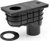 A black plastic drainpipe fitting with a grate on top, shown on a white background. A rubber seal is also visible. Produktbild-Vorschau