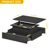 A diagram showing the dimensions of a black coffee table with its top extended. Produktbild-Vorschau