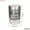 A silver metal barrel with cut-out designs and text, shown with dimensions indicated. Produktbild-Vorschau