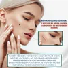 A woman is shown with a close-up inset of a scar on her cheek, with text providing treatment duration and results. Produktbild-Vorschau