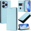 A collage of images showing a light blue leather flip phone case with card slots and a stand function. Produktbild-Vorschau
