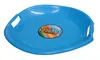 A blue plastic saucer sled with handles and a colorful logo. Produktbild-Vorschau