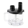 A food processor attachment with blades and a lid with two openings, shown against a white background. Produktbild-Vorschau