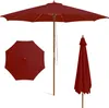 Three views of a red patio umbrella on a white background: one open and upright, one open and viewed from above, and one closed. Anteprima dell’immagine prodotto