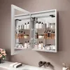 A bathroom medicine cabinet filled with various toiletries and skincare products, mounted above a countertop with a faucet. Náhled obrázku produktu