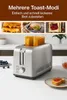A toaster with bread in it, surrounded by breakfast food items and text. Produktbild-Vorschau