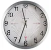 A wall clock with a silver frame and a white face. Produktbild-Vorschau