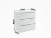 A white chest of drawers with dimensions indicated by text and arrows. Produktbild-Vorschau
