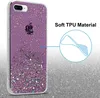 A close-up of a purple glitter phone case with a blue apple logo, next to a diagram illustrating soft TPU material. Náhled obrázku produktu