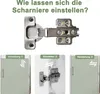 An image showing a cabinet hinge and diagrams illustrating how to adjust it. Voir les images du produit