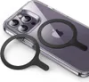 A clear product shot of two black magnetic rings for a phone, placed on a clear phone case with the Apple logo visible. Anteprima dell’immagine prodotto
