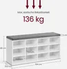 A white shoe cabinet with a gray upholstered seat, showing dimensions and maximum load capacity. Produktbild-Vorschau