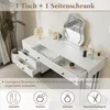 A white vanity table with drawers and a mirror, displaying makeup and accessories. Náhľad obrázku produktu
