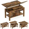 A collage of images showing a vintage-style coffee table with a lift-top mechanism and hidden storage. Voir les images du produit