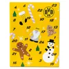 A yellow advent calendar with Christmas-themed illustrations and numbers. Produktbild-Vorschau