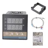 A collection of electronic components for temperature control, including a digital thermostat, a K-type thermocouple, a mounting bracket, and a solid-state relay, arranged on a white background. Náhľad obrázku produktu