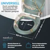 A toilet seat with a leaf pattern and dimensions indicated. Náhled obrázku produktu