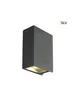 A black, rectangular wall light fixture with a light emitting from the bottom opening, set against a white background. The SLV logo is visible in the top right corner. Produktbild-Vorschau
