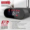 A close-up marketing image of a black digital radio alarm clock with a digital display showing the time and various icons. There is text and a logo in the bottom left corner, and numbered circles indicating display features. Náhľad obrázku produktu