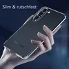 A hand holding a transparent phone case over a Samsung phone. Produktbild-Vorschau