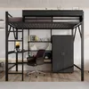 A loft bed with a desk and wardrobe in a room. Produktbild-Vorschau