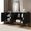 A black sideboard with gold legs is shown in a room with curtains and wall paneling. Produktbild-Vorschau