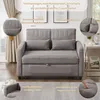A gray sofa bed is shown in a living room setting with decorative elements and text overlays highlighting its features. Produktbild-Vorschau