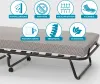 A folding bed with several feature icons displayed above it. Produktbild-Vorschau