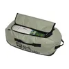 A green duffle bag with its top flap open, revealing some contents inside. Produktbild-Vorschau