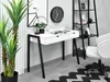 A modern home office setup with a white desk, black shelving unit, and a white office chair. Voir les images du produit