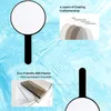 A collage of images showcasing a hand mirror and its features, set against a blue water-like background. Produktbild-Vorschau