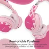 A close-up marketing image of pink children's headphones with a giraffe pattern. Produktbild-Vorschau
