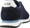 Close-up rear view of a navy blue sneaker. Produktbild-Vorschau