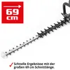 A close-up of a hedge trimmer's cutting blades with a red graphic indicating a measurement. Produktbild-Vorschau