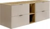 A modern beige and wood bathroom vanity cabinet with two drawers on each side and an open shelving unit in the middle. Náhled obrázku produktu