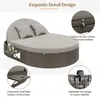 A round outdoor daybed with cushions and small side tables, with close-up insets highlighting design features. Produktbild-Vorschau