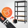 A black metal shelving unit with wooden shelves, shown with close-up diagrams illustrating assembly. Náhľad obrázku produktu