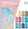 A marketing image showcasing multiple designs of a microfiber beach towel, with one large towel displayed prominently and smaller swatches of other designs arranged to the side. The background is split between white and pink. Podgląd zdjęcia produktu