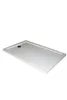 A white, rectangular shower tray with a drain hole is shown from a diagonal angle against a white background. Produktbild-Vorschau