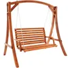 A wooden garden swing set with a bench seat suspended by chains from an arched frame. Náhled obrázku produktu