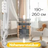 A baby swing in a nursery setting, with text overlays indicating adjustable height and dimensions. Produktbild-Vorschau