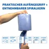 A hand holding a roll of blue paper towels, with text and diagrams providing product information. Produktbild-Vorschau