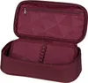 An open burgundy pencil case with geometric patterned lining. Voir les images du produit