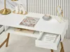 A white desk with gold accents, featuring a lamp, decorative items, a magazine, a cup of coffee, and a mirror. Voir les images du produit