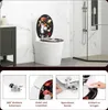 A toilet with a floral-patterned seat in a modern bathroom, with close-up images of its features below. Produktbild-Vorschau