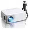 A white mini-projector with a tripod on a white reflective surface. Produktbild-Vorschau
