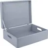 An open gray wooden storage box with handles, shown against a white background. Produktbild-Vorschau